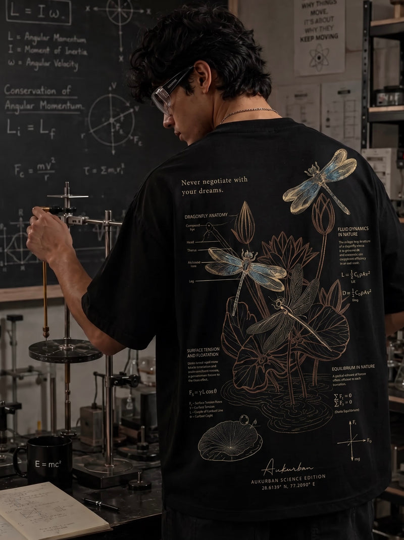 Fluid Dynamics dragonfly back print on black oversized tee - Science Collection Blacklights