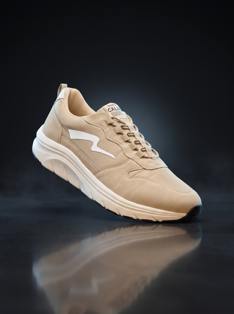 Caldri Beige Vegan Leather Casual Sneakers For Men - side angle