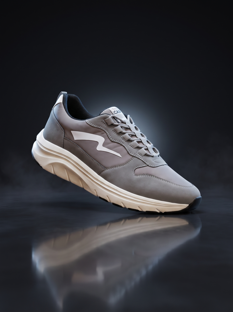 Caldri Light Grey Vegan Leather Casual Sneakers For Men - three quarter view