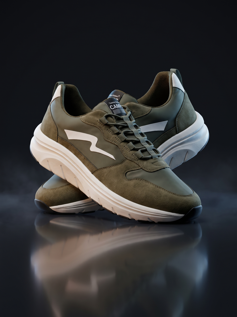 Caldri Khaki Vegan Leather Casual Sneakers For Men - three quarter view