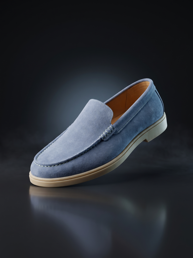 Caldri Jeans Blue Suede Slip-On Moccasin Loafers For Men - three quarter view