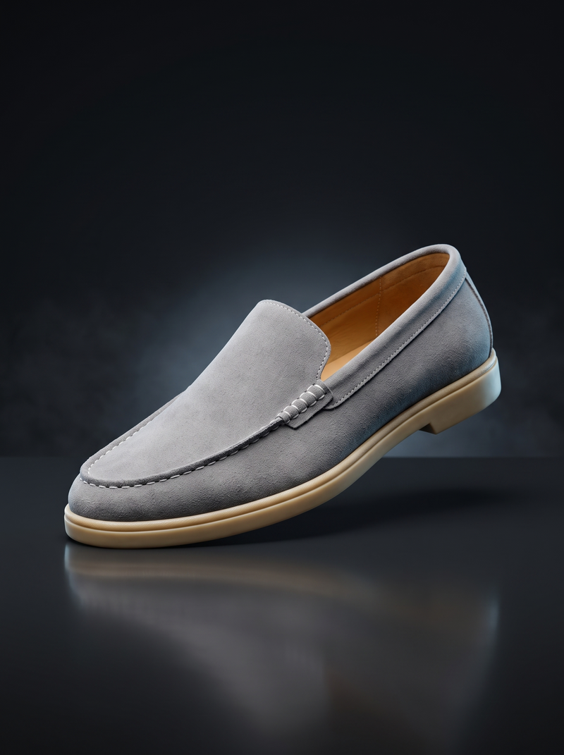 Caldri Block Grey Suede Slip-On Moccasin Loafers For Men - three quarter view
