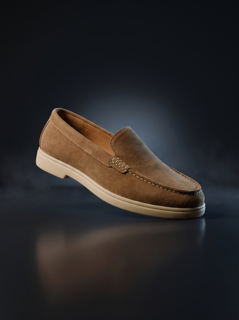 Caldri Rawhide Brown Suede Slip-On Moccasin Loafers For Men - three quarter view