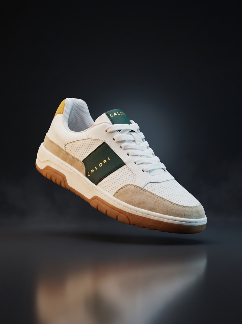Caldri White Green Vegan Leather Casual Sneakers For Men - three quarter view