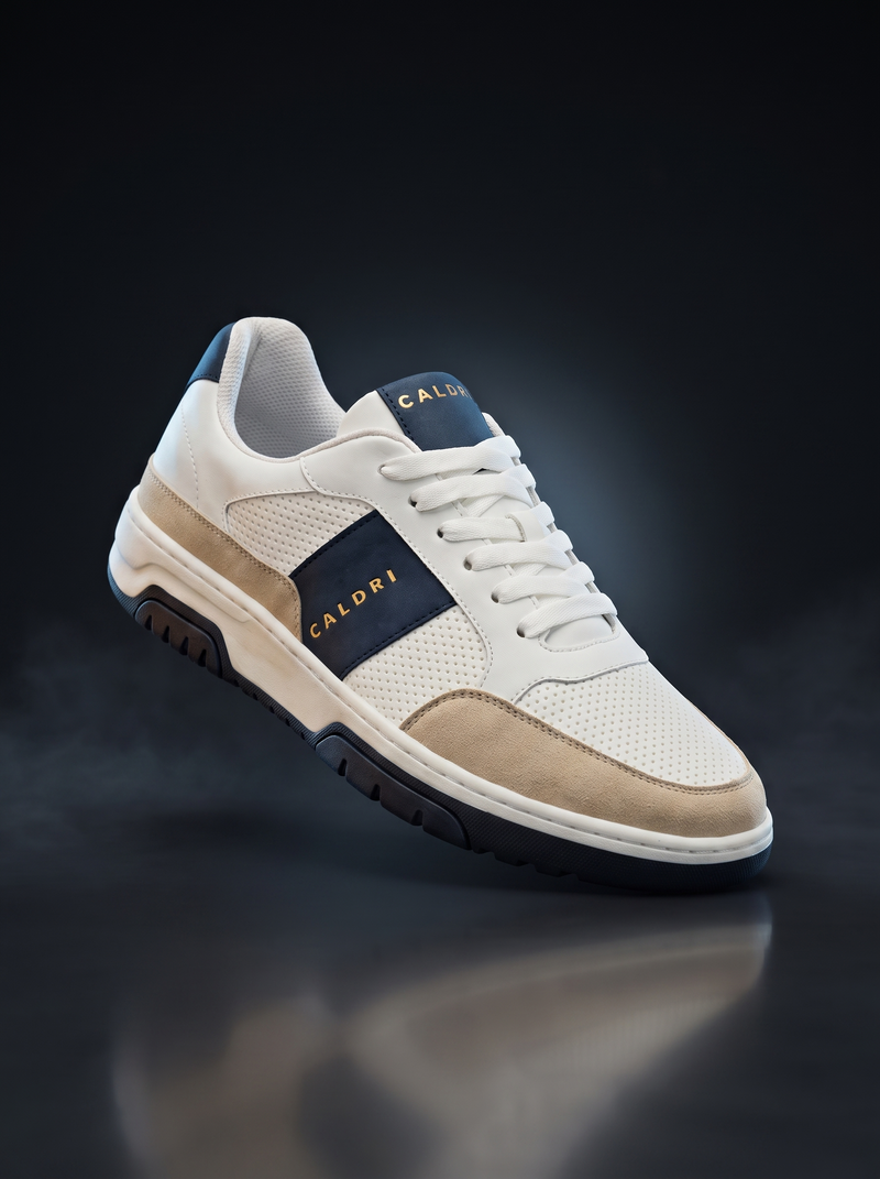 Caldri White Navy Vegan Leather Casual Sneakers For Men - three quarter view