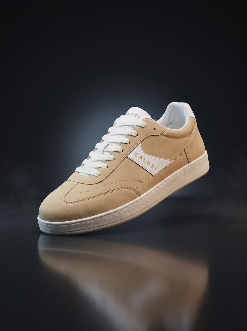 Caldri Beige Vegan Leather Casual Sneakers For Men - three quarter view