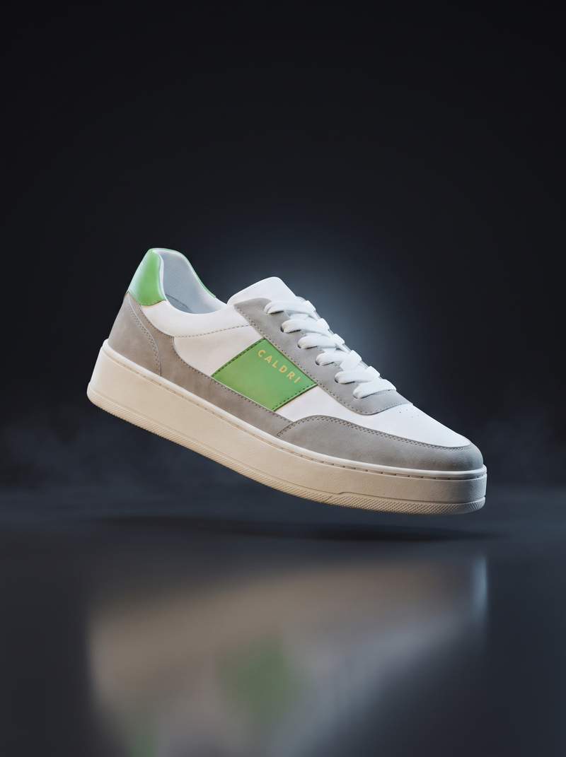 Caldri Sam White Green Vegan Leather Casual Sneakers For Men - three quarter view