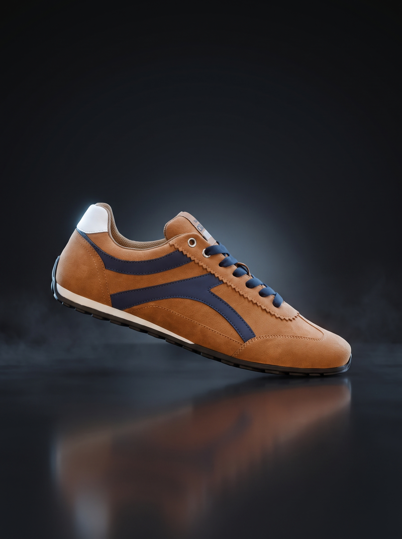 Caldri Camel Vegan Leather Casual Sneakers For Men - three quarter view