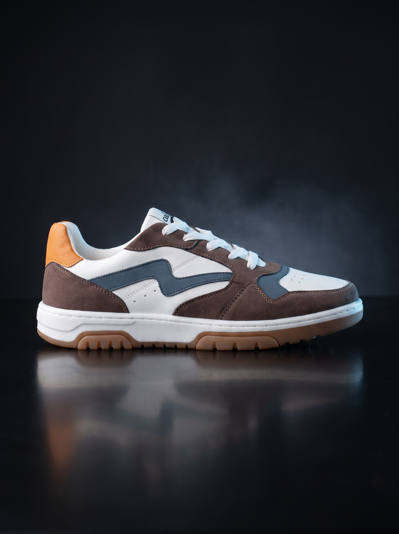 Caldri Ravin Grey White Blue Tan Sneakers - rear three quarter view