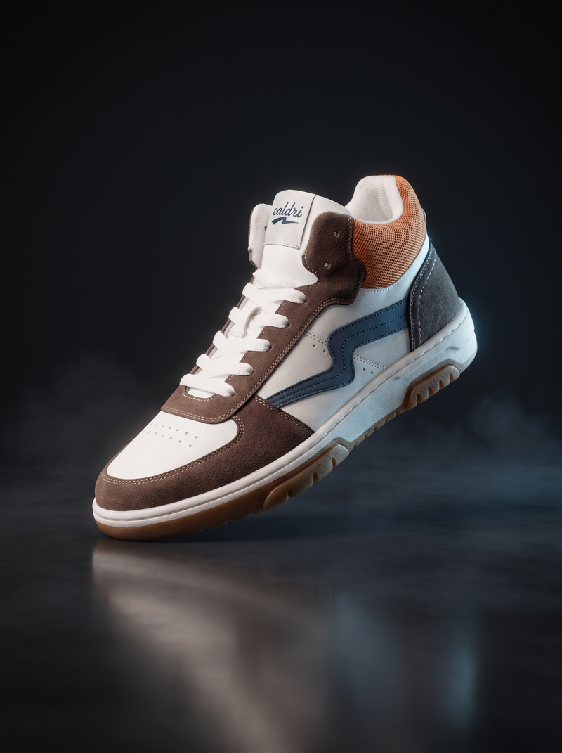 Caldri Ravin High Ride Grey Blue Tan Genuine Leather Mid-Top Sneakers For Men - three quarter view