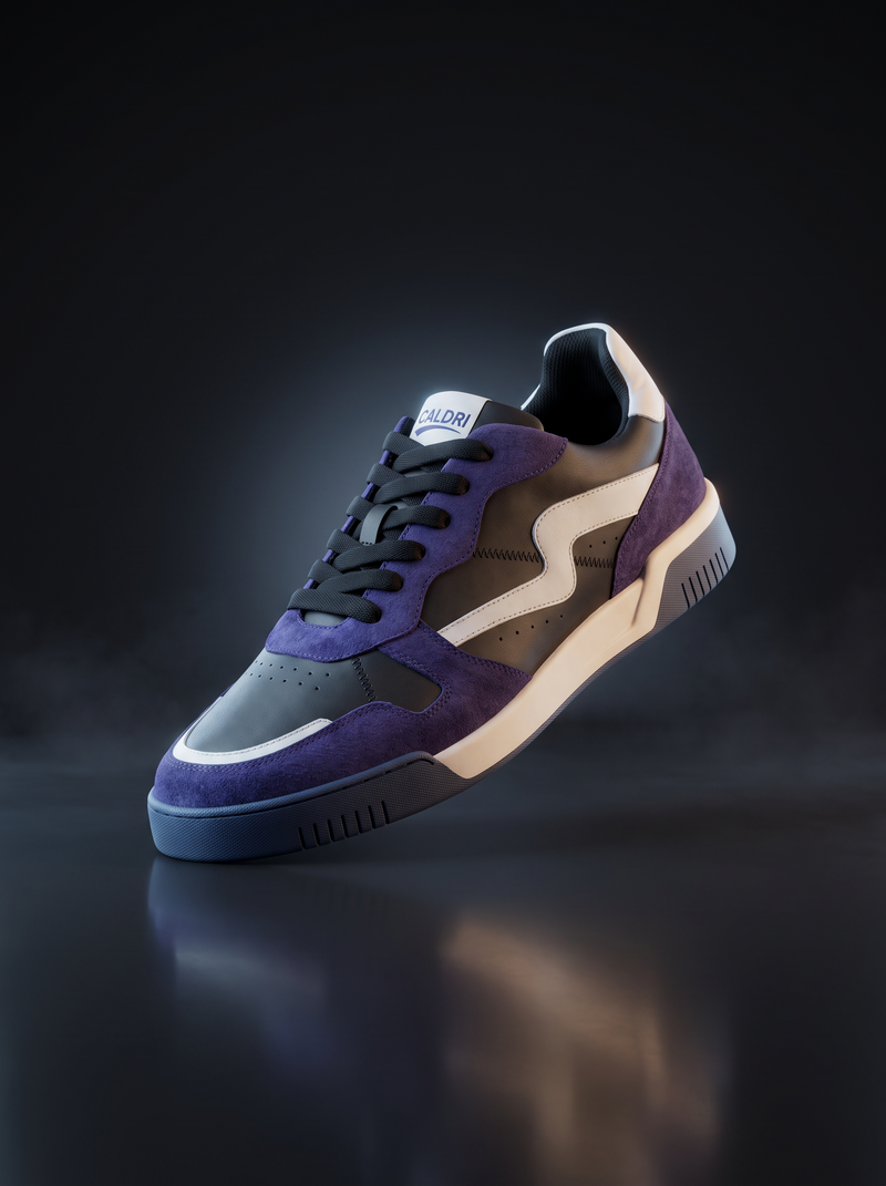 Caldri Panther Purple Black Genuine Leather Casual Sneakers For Men - three quarter view