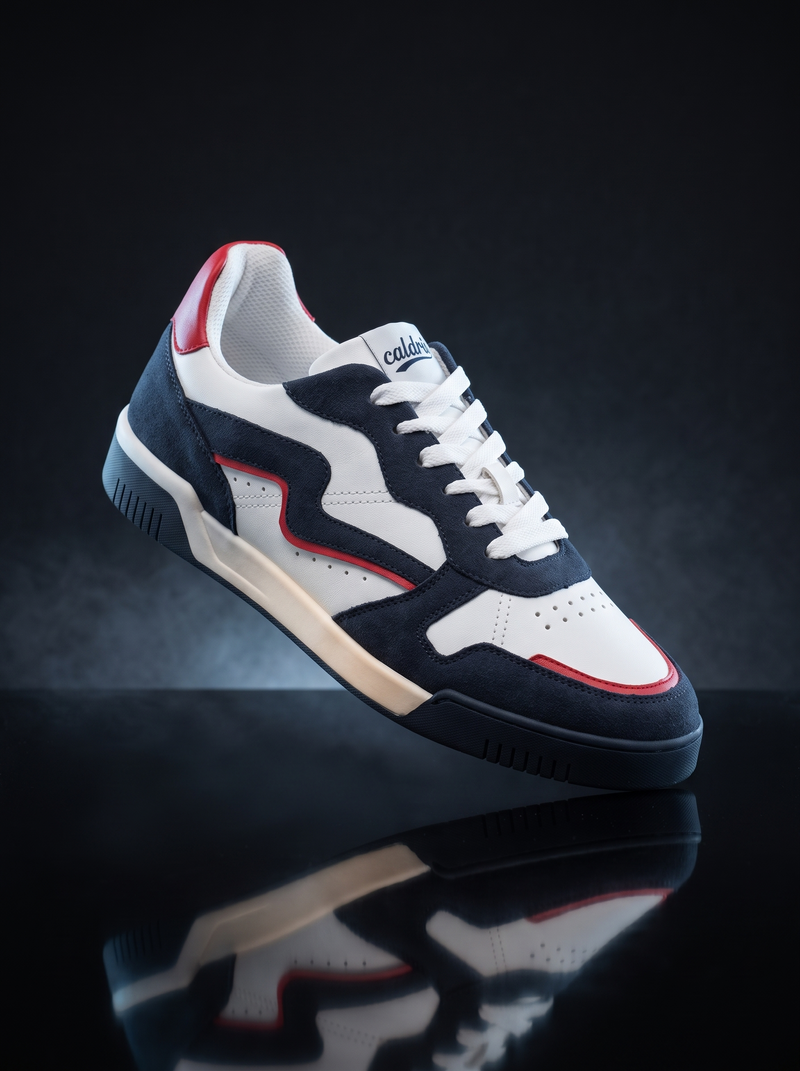 Caldri Panther Navy White Red Genuine Leather Casual Sneakers For Men - three quarter view