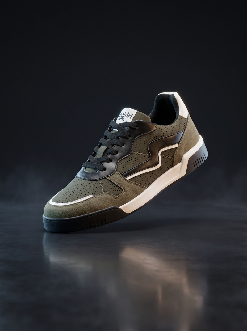 Caldri Panther Olive Black Genuine Leather Casual Sneakers For Men - three quarter view