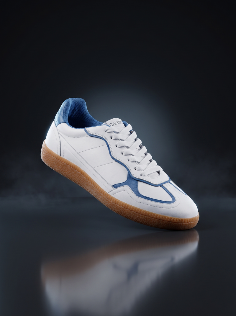 Caldri Elegant White Blue Genuine Leather Casual Sneakers For Men - three quarter view