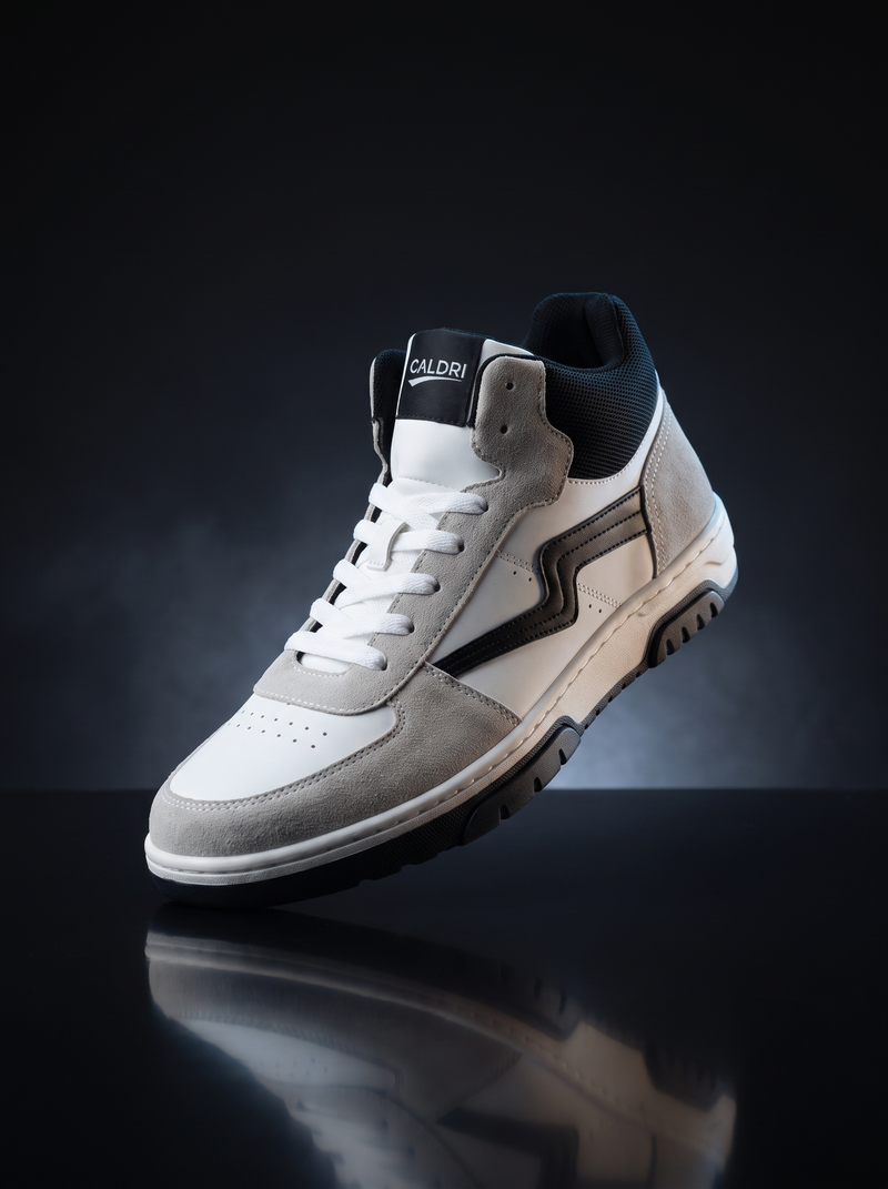 Caldri Ravin High Ride Grey White Black Genuine Leather Mid-Top Sneakers For Men - three quarter view